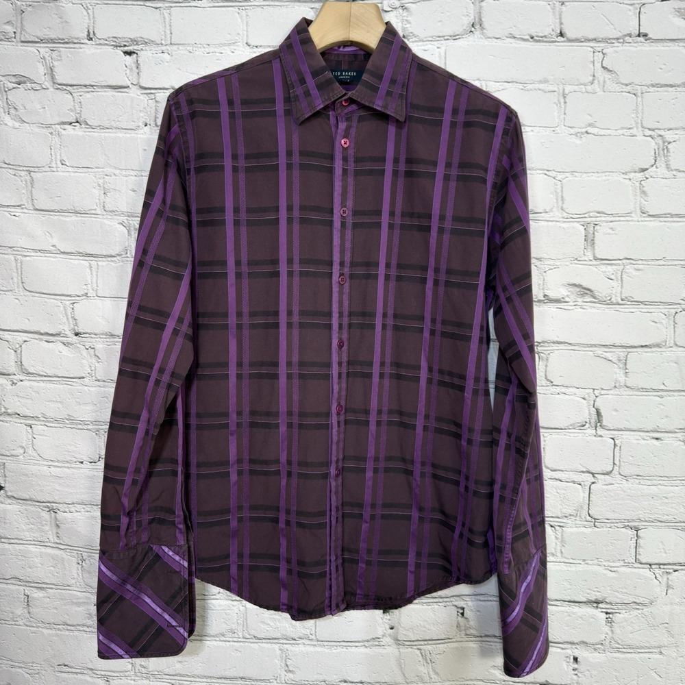 Ted Baker London SAMPLE Button Shirt Mens 4 L‎ Purple Windowpane French Cuffs